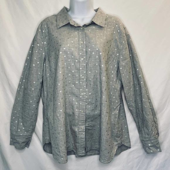 Talbots Tops - Talbots Long Sleeve Button Up Shirt Women's XL Grey Silver Hearts 100% Cotton